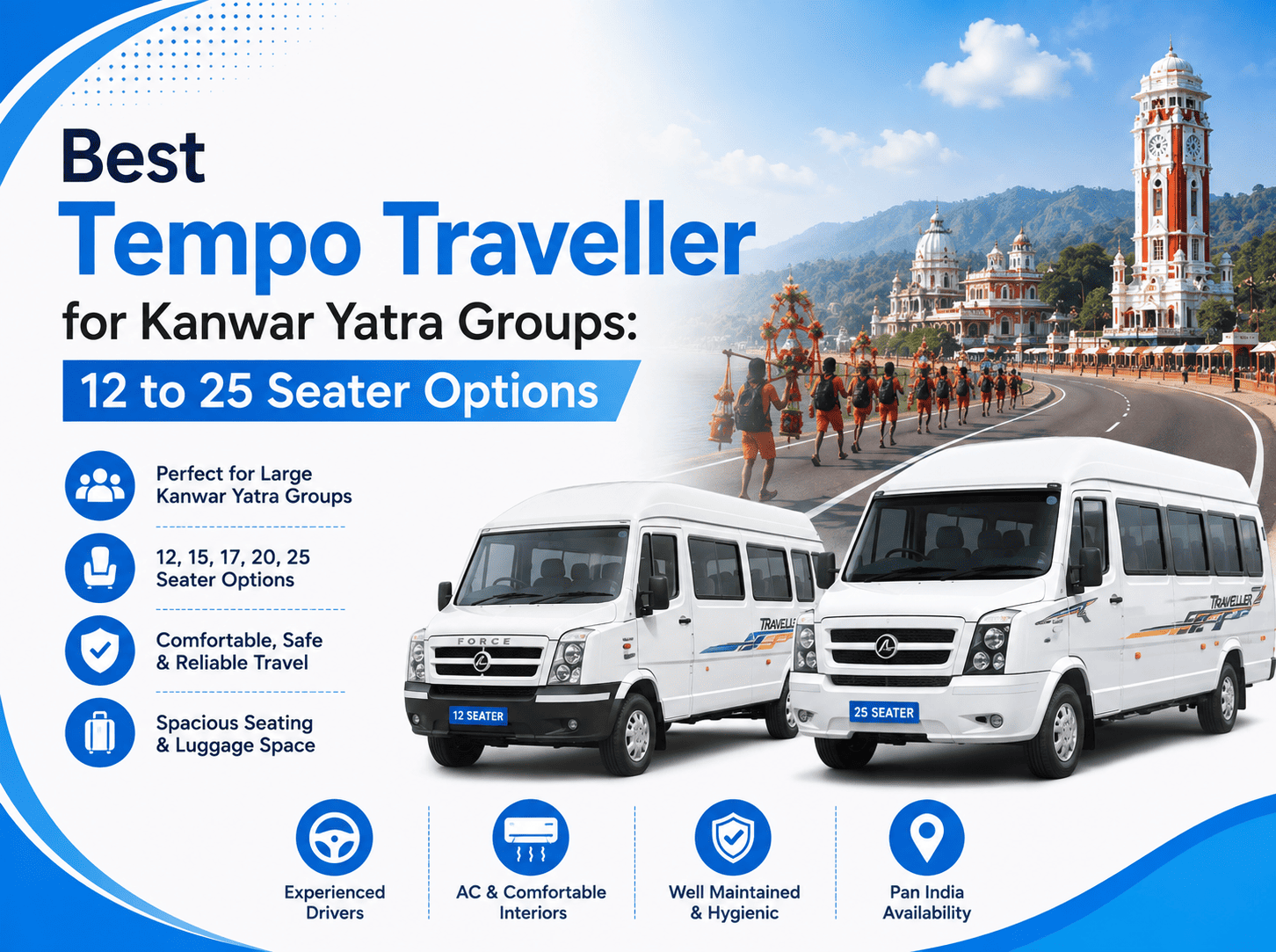 Best Tempo Traveller for Kanwar Yatra Groups: 12 to 25 Seater Options best tempo traveller for kanwar yatra groups