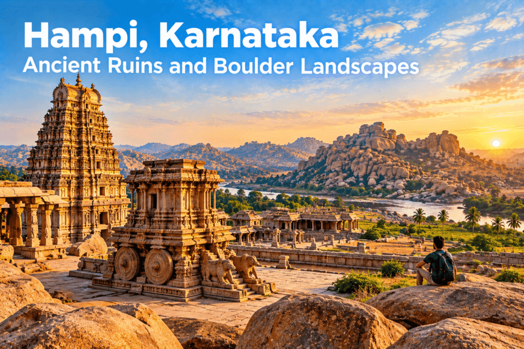 hampi golden hour ancient ruins and boulder landscapes